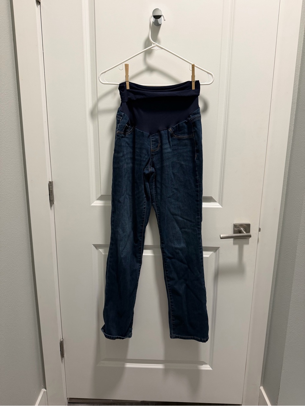 Indigo Blue Maternity Straight Leg Jeans in Dark Blue with Navy Panel